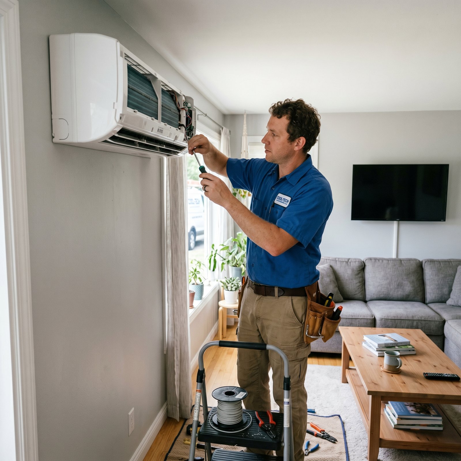 Técnico reparando un aire acondicionado averiado